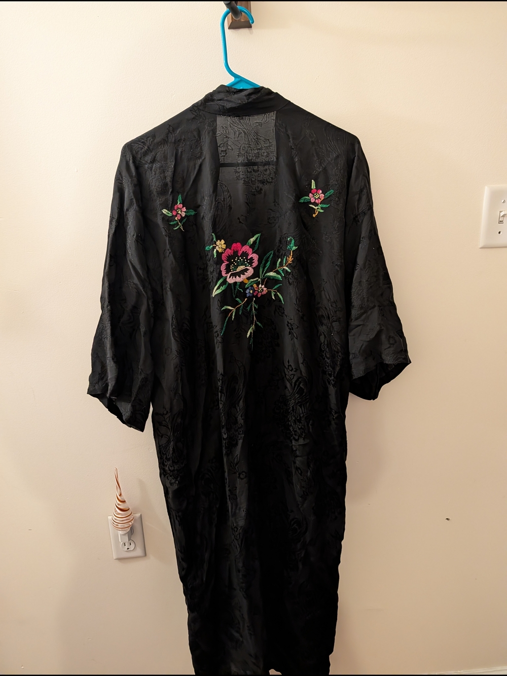 Black Floral Embroidered Satin Robe - Women's Kimono Style